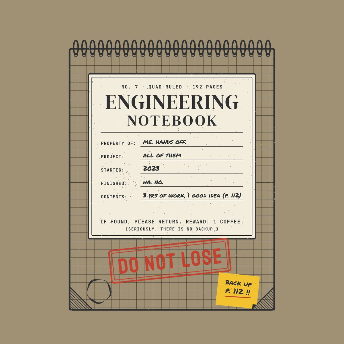Close-up of the Engineering Notebook Do Not Lose artwork showing the handwritten label fields, the red Do Not Lose stamp and the sticky note.