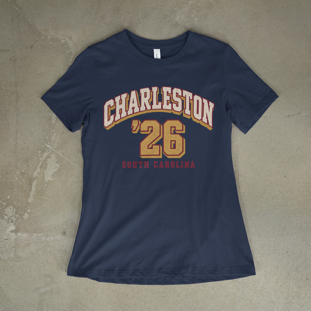 Charleston '26 Varsity Tee on a navy tee