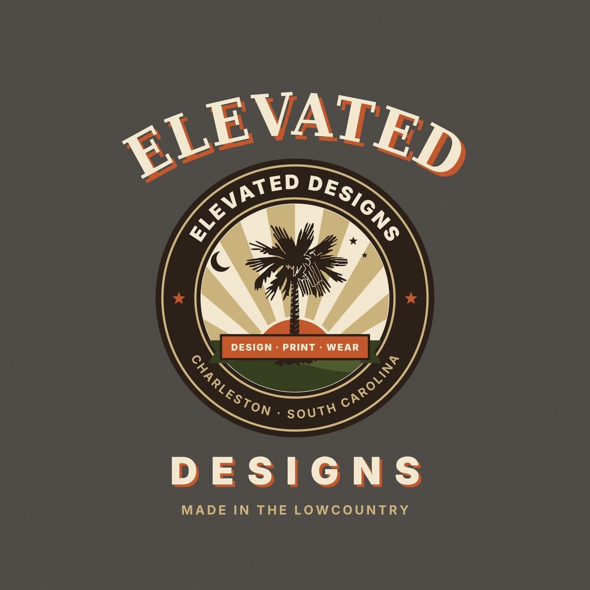 Close-up of the Elevated Designs crest: a dark palmetto tree over tan sunburst rays and an orange sun, a crescent moon and two stars, and the rust DESIGN · PRINT · WEAR banner over an olive hill.