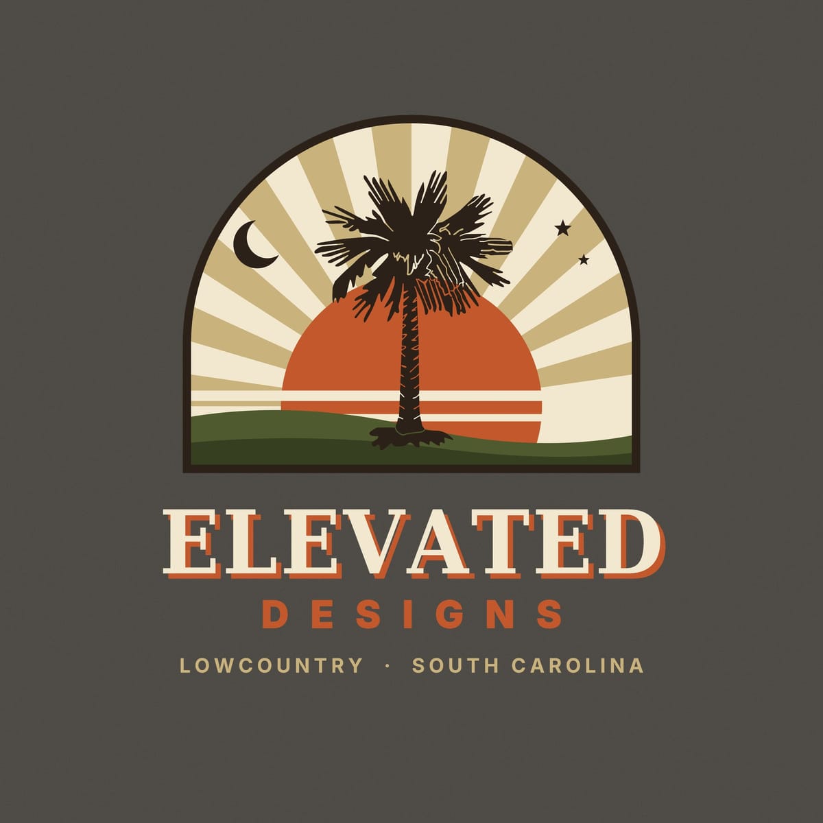 Close-up of the Lowcountry Sunrise print: a dark palmetto against an orange sun cut with cream stripes, tan rays, a crescent moon and green hills.