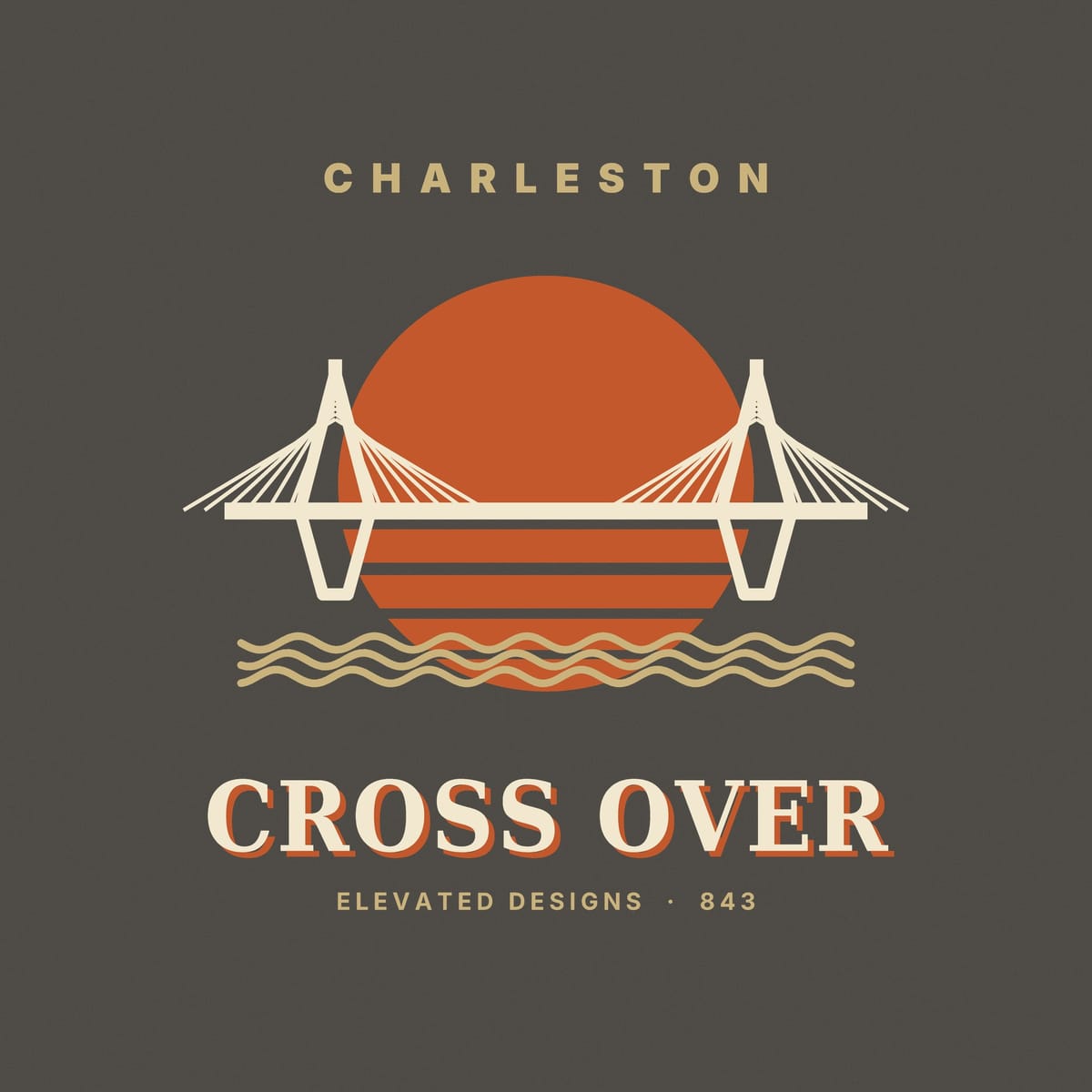 Close-up of the Cross Over print: cream bridge towers and fanned cables in front of an orange sun cut with stripes, over two tan wavy lines.