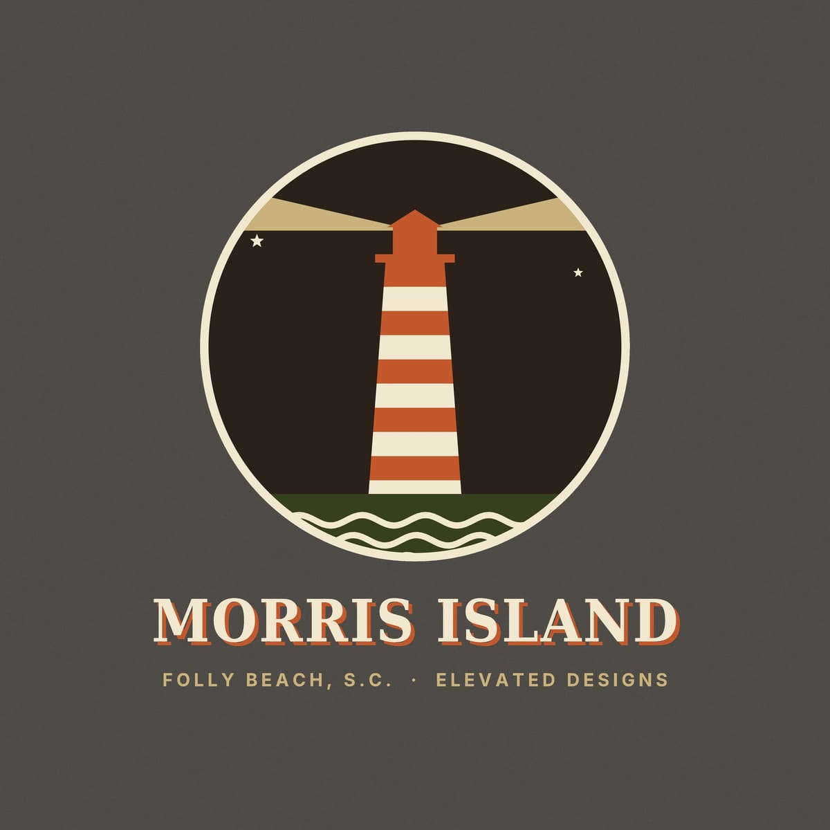 Close-up of the Morris Island print: a rust-and-cream striped lighthouse throwing tan light beams, two small stars and cream waves on olive water.