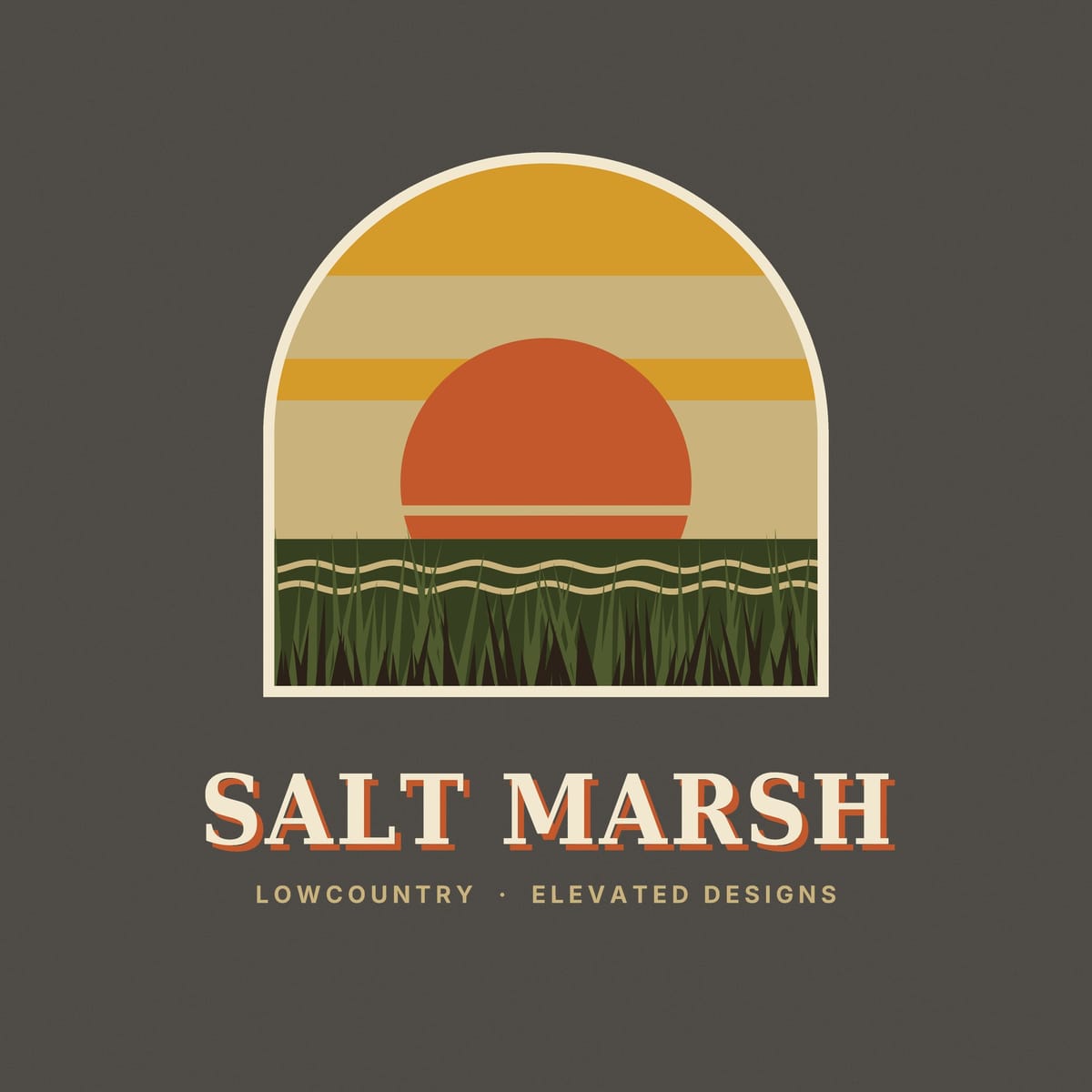 Close-up of the Salt Marsh print: layered green and dark marsh grass blades, tan wavy water lines and an orange sun against gold and tan sky bands.