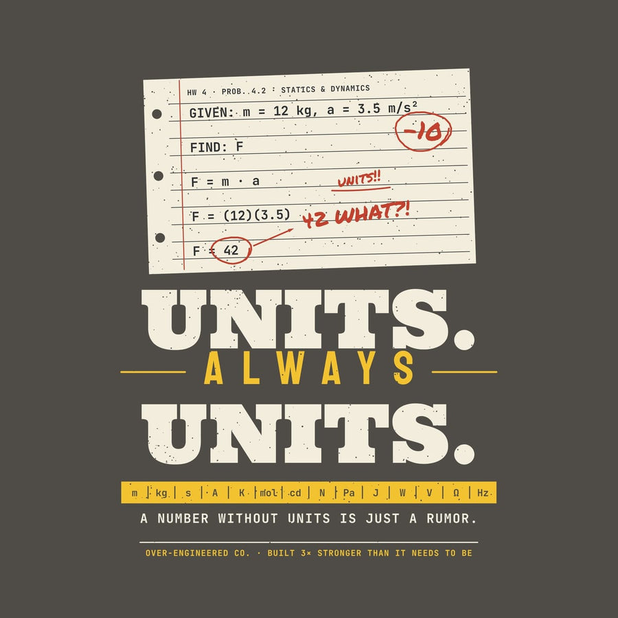 Close-up of the Units Always Units artwork showing the red-pencil grading, the −10 and the yellow SI unit strip.