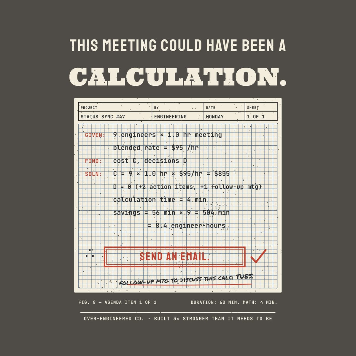 Close-up of the This Meeting Could Have Been a Calculation artwork showing the blue-gridded calc sheet, the boxed answer and the margin note.