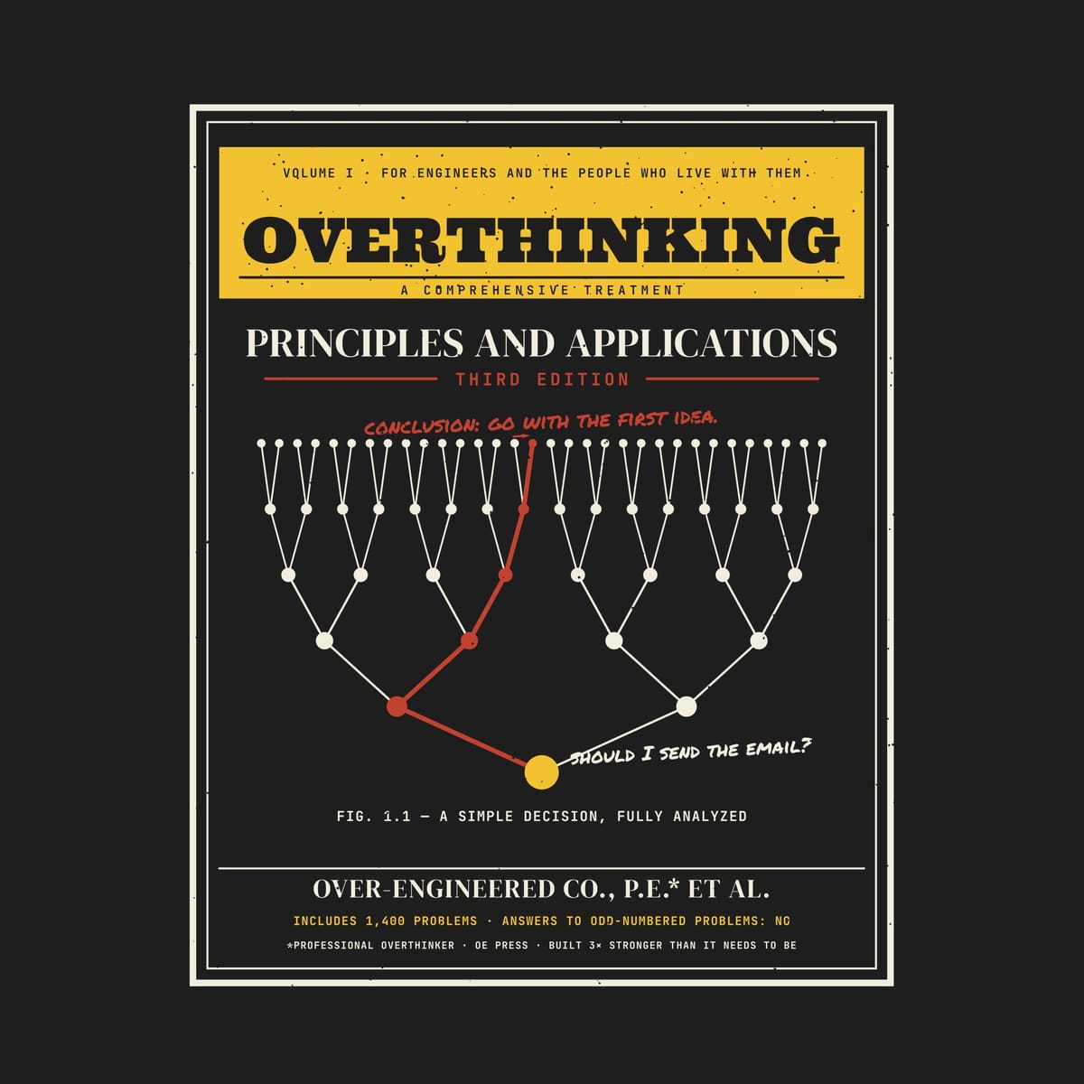 Close-up of the Overthinking Textbook Third Edition artwork showing the yellow title band, the decision tree and the red path to the first idea.