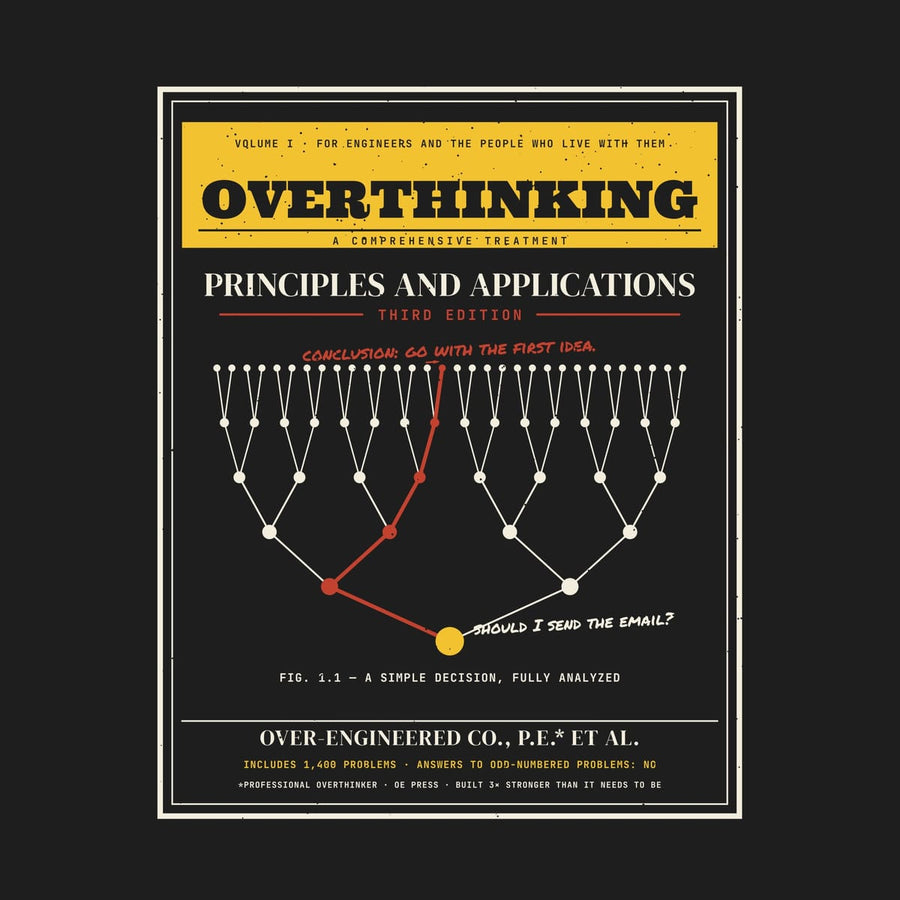 Close-up of the Overthinking Textbook Third Edition artwork showing the yellow title band, the decision tree and the red path to the first idea.