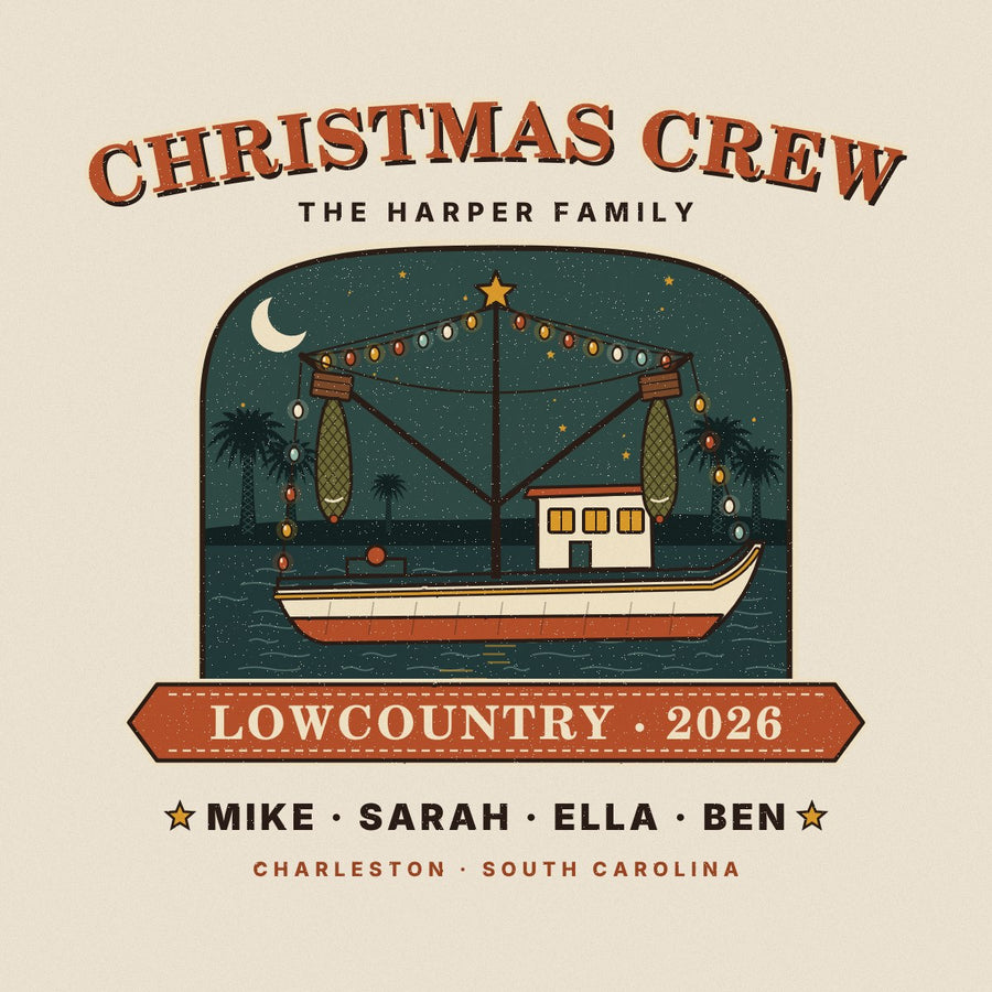 Christmas Crew artwork: shrimp boat strung with lights, family name and first names