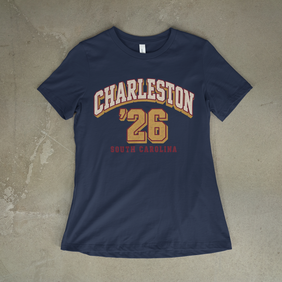 Charleston '26 Varsity Tee on a navy tee
