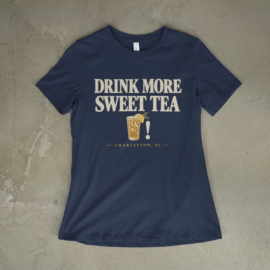 Drink More Sweet Tea Tee on a navy tee