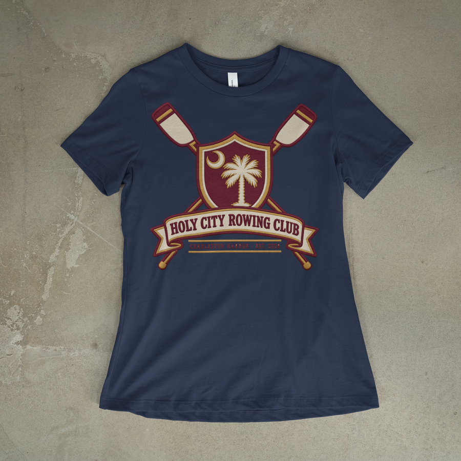 Holy City Rowing Club Tee on a navy tee