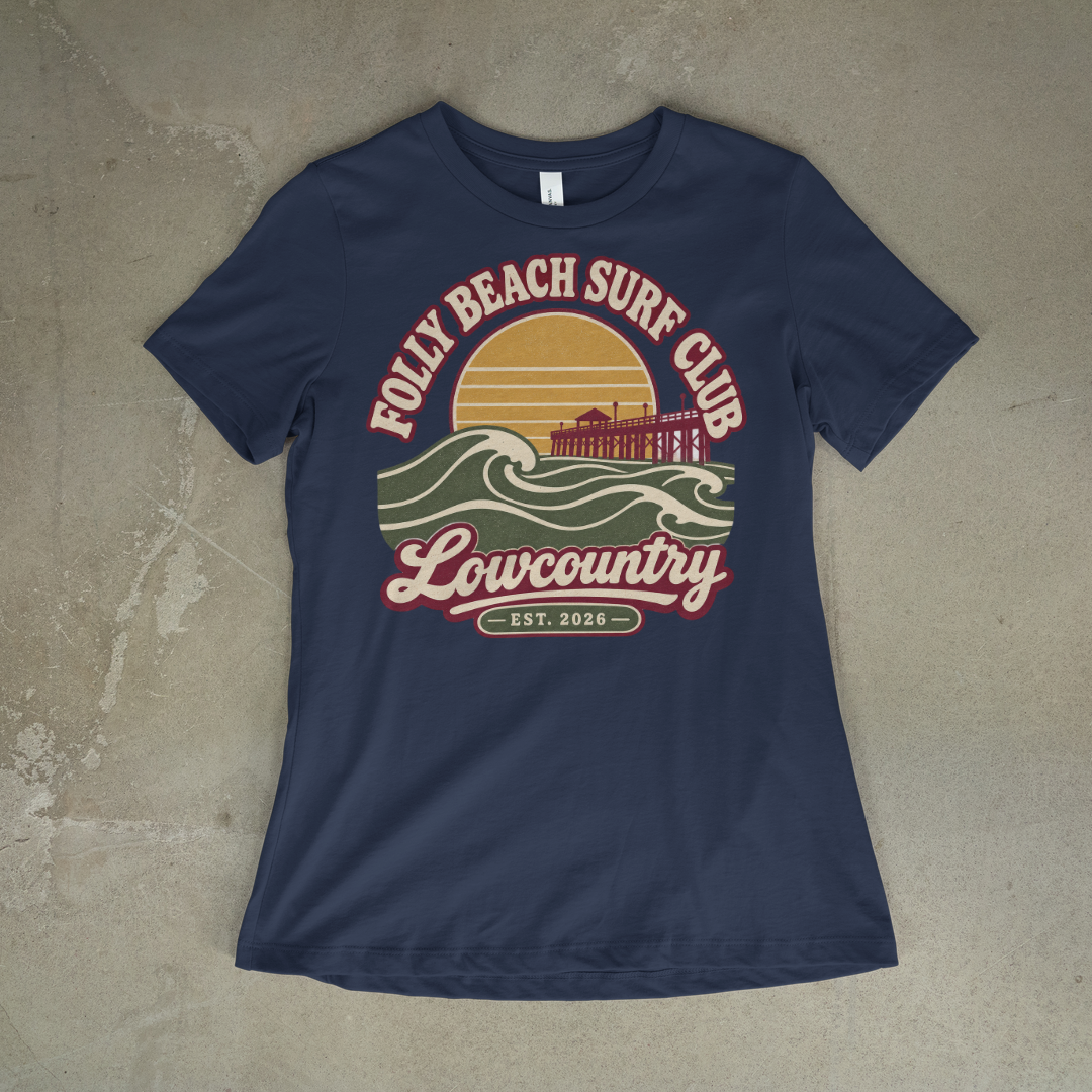 Folly Beach Surf Club Tee on a navy tee