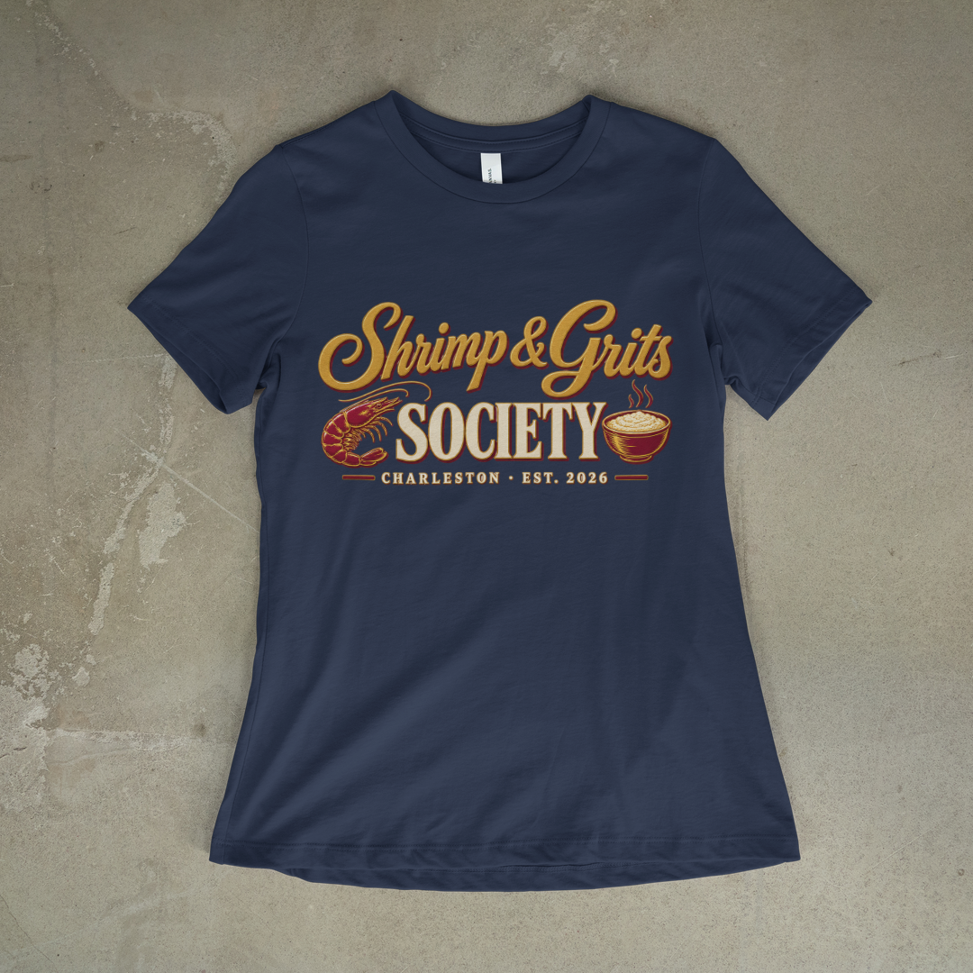 Shrimp & Grits Society Tee on a navy tee