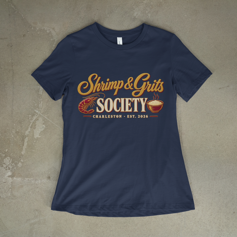 Shrimp & Grits Society Tee on a navy tee