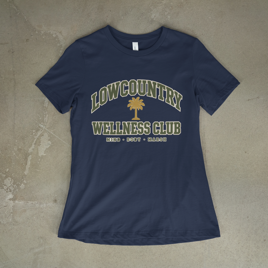 Lowcountry Wellness Club Tee on a navy tee