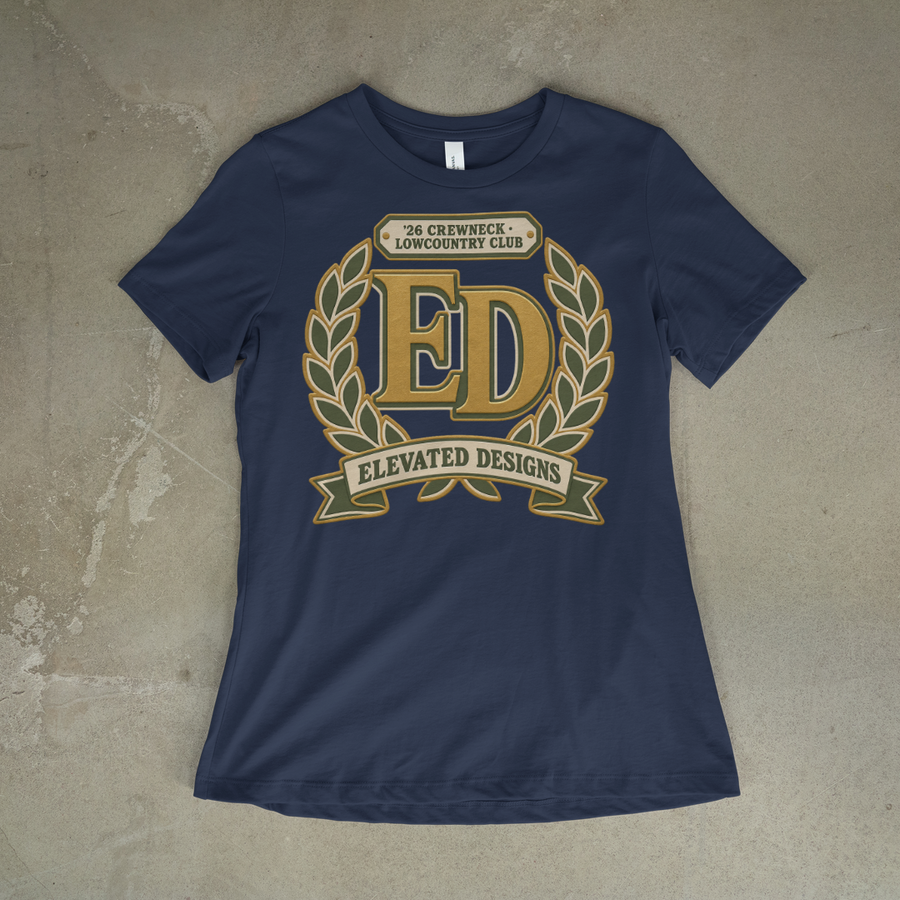 ED Laurel Crest Tee on a navy tee