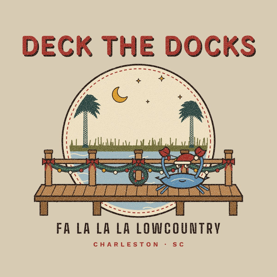 Deck the Docks artwork: blue crab in a Santa hat stringing lights on a decorated Lowcountry dock