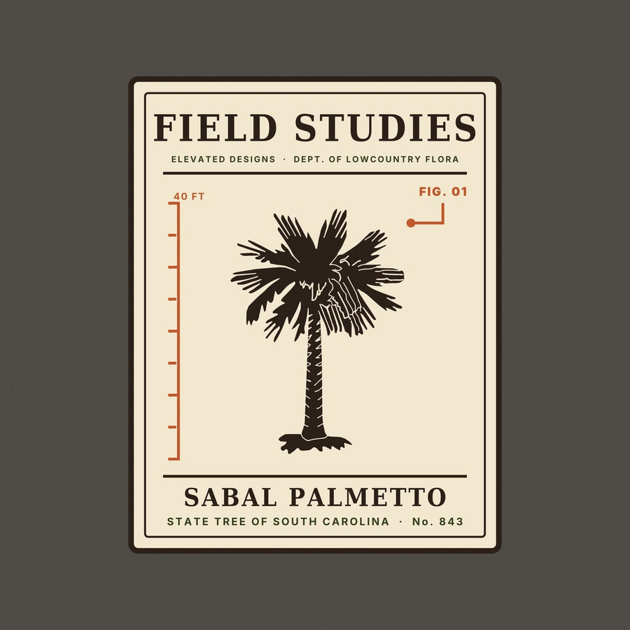 Close-up of the Field Studies print: a dark palmetto tree, rust height ruler marked 40 FT, FIG. 01 callout and the line STATE TREE OF SOUTH CAROLINA · No. 843.