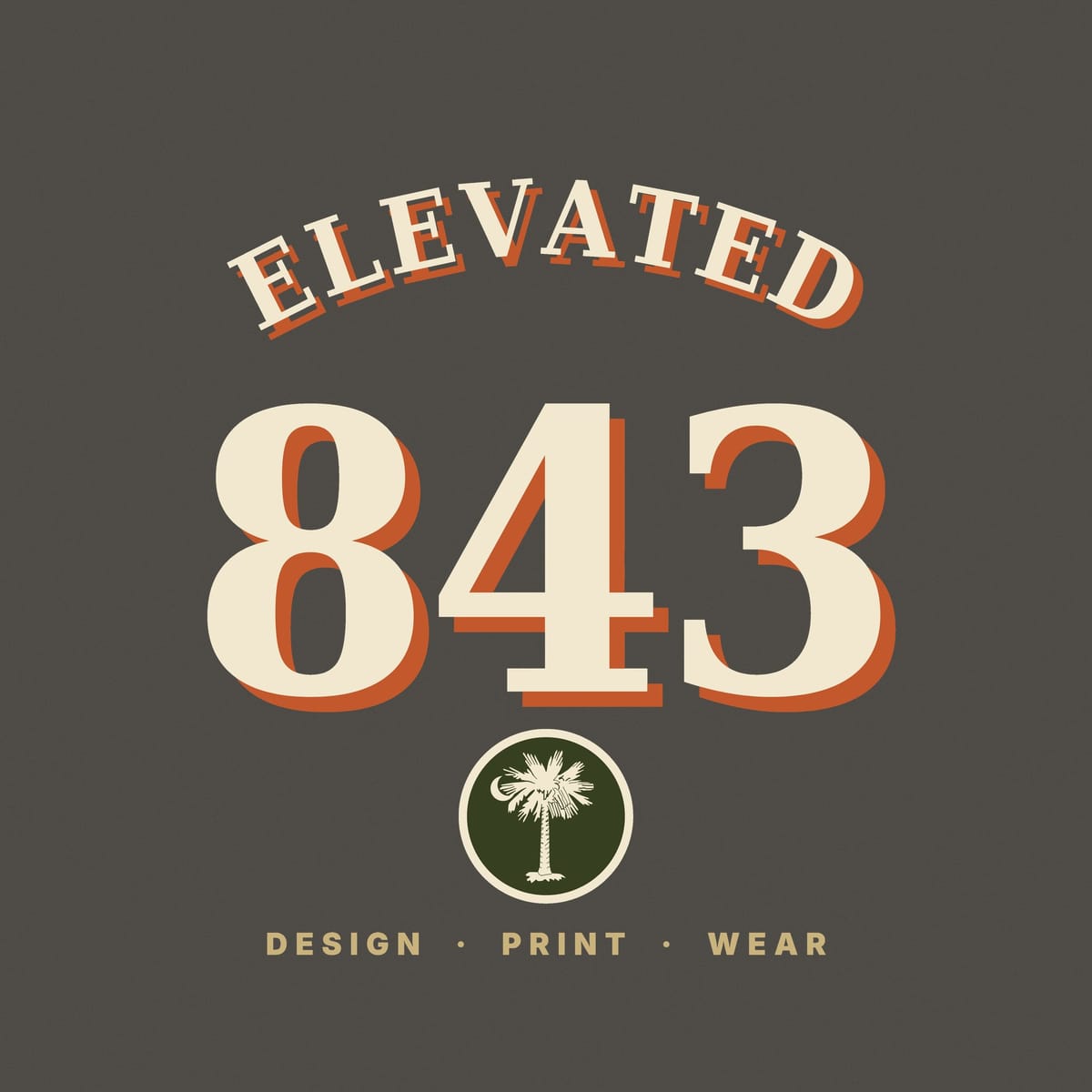 Close-up of the 843 Varsity print: cream serif numbers with a rust drop shadow and a round olive patch holding a palmetto and crescent moon.