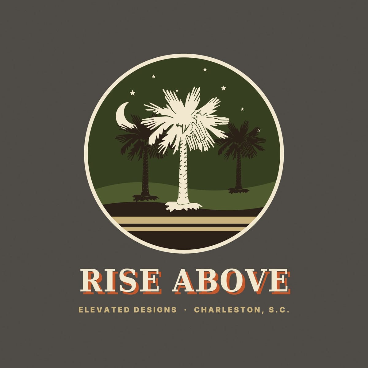 Close-up of the Rise Above print: a cream palmetto flanked by two dark palmettos, a crescent moon, small stars and tan stripes along the bottom.