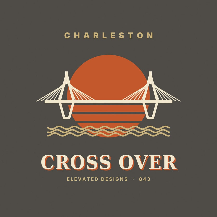 Close-up of the Cross Over print: cream bridge towers and fanned cables in front of an orange sun cut with stripes, over two tan wavy lines.