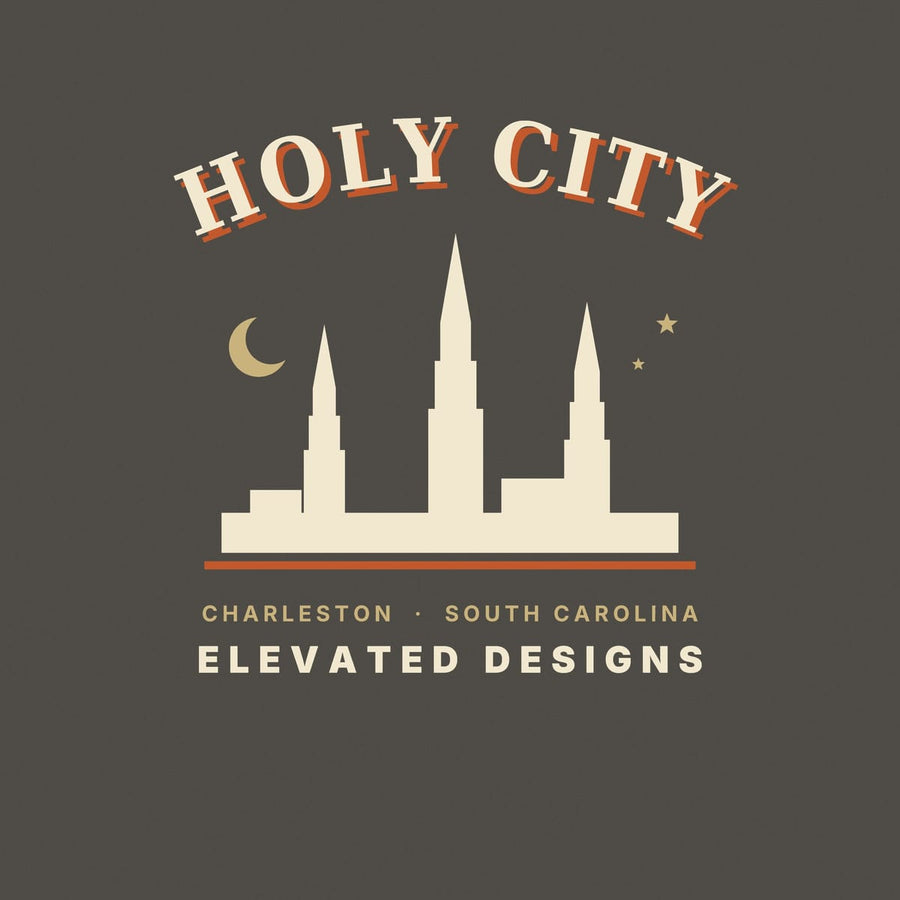 Close-up of the Holy City print: three tall cream steeples rising over low rooftops, a gold crescent moon and stars, and a rust underline.