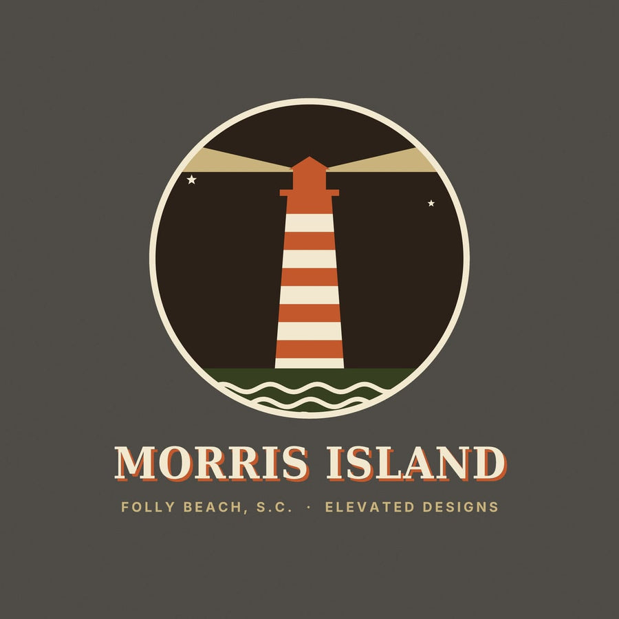 Close-up of the Morris Island print: a rust-and-cream striped lighthouse throwing tan light beams, two small stars and cream waves on olive water.
