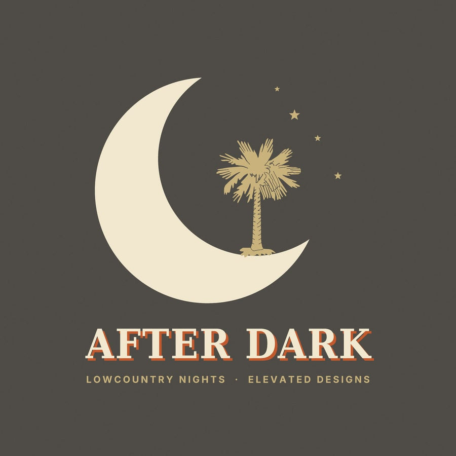 Close-up of the After Dark print: a sketchy gold palmetto standing in the curve of a big cream crescent moon, with small gold stars.