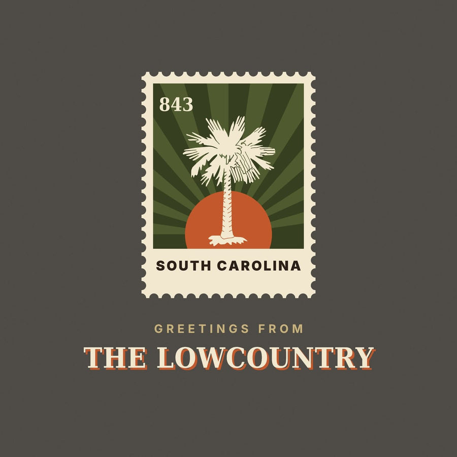 Close-up of the Greetings stamp print: scalloped cream stamp edges around a cream palmetto, an orange sun and olive sunburst rays with 843 in the corner.