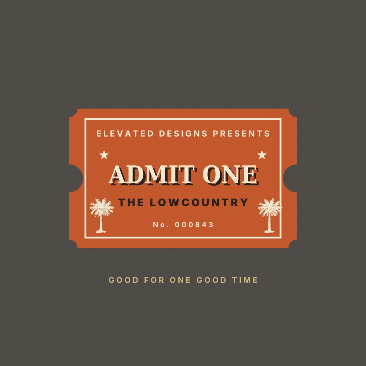 Close-up of the Admit One print: a notched rust ticket with a cream inner border, shadowed ADMIT ONE lettering, two small stars and cream palmetto trees.