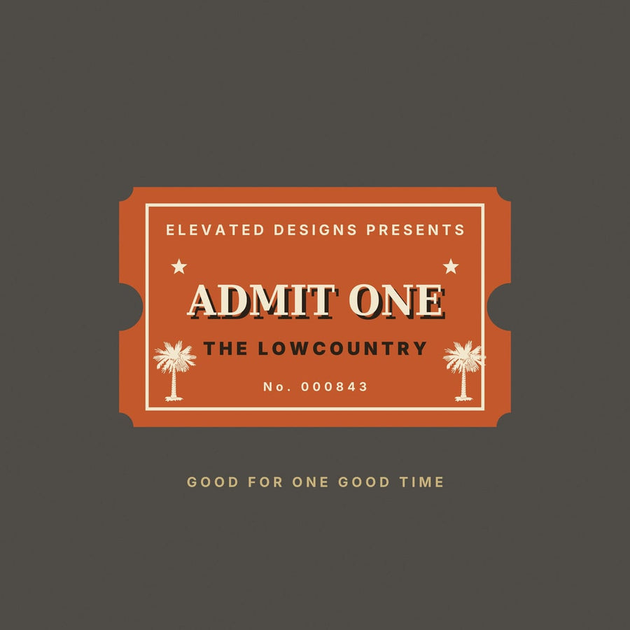 Close-up of the Admit One print: a notched rust ticket with a cream inner border, shadowed ADMIT ONE lettering, two small stars and cream palmetto trees.