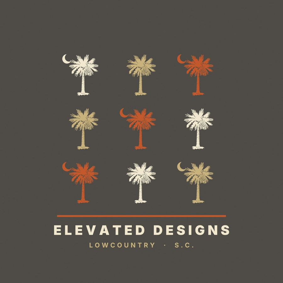 Close-up of the Palmetto Grid print: sketchy palmetto trees in alternating cream, tan and rust, several with small crescent moons beside them.