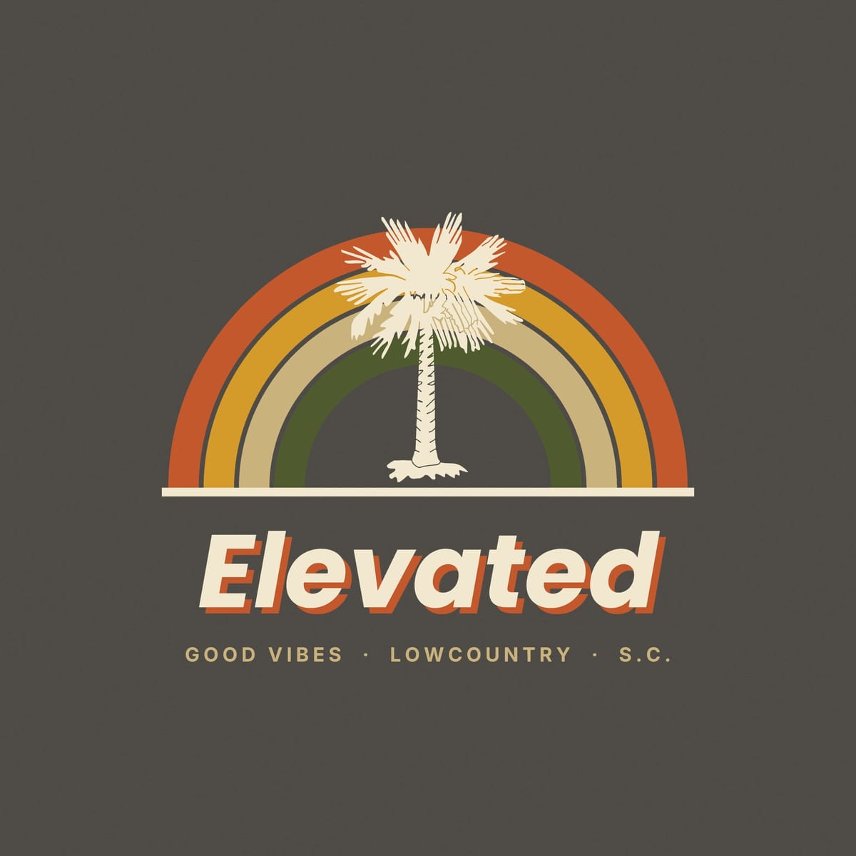 Close-up of the Retro Arcs print: thick rust, gold, tan and olive rainbow bands with a sketchy cream palmetto standing in the middle.