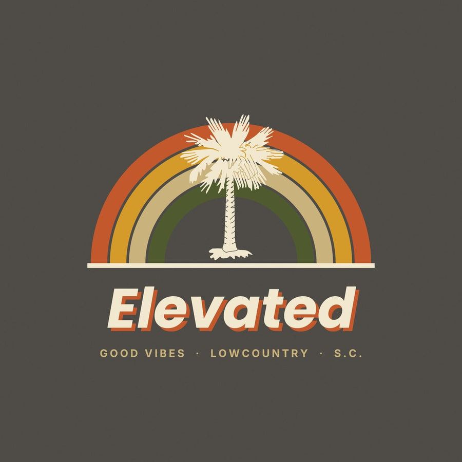 Close-up of the Retro Arcs print: thick rust, gold, tan and olive rainbow bands with a sketchy cream palmetto standing in the middle.