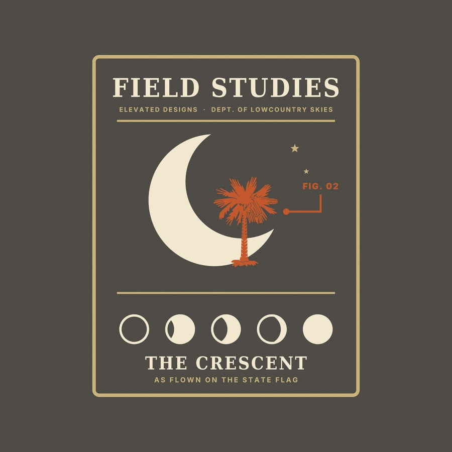 Close-up of the Field Studies Fig. 02 print: a rust palmetto inside a large cream crescent, two stars, a FIG. 02 pointer line and a row of moon phase circles.