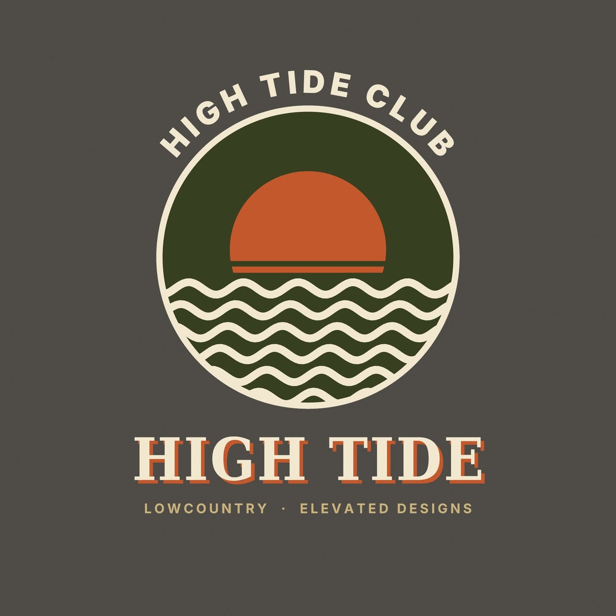 Close-up of the High Tide Club print: a rust half-sun on the horizon inside a cream-ringed olive circle, with five rows of cream wavy lines.