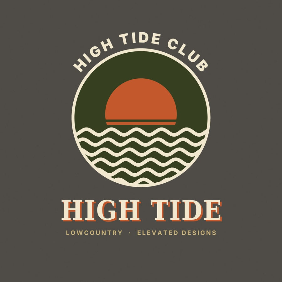 Close-up of the High Tide Club print: a rust half-sun on the horizon inside a cream-ringed olive circle, with five rows of cream wavy lines.