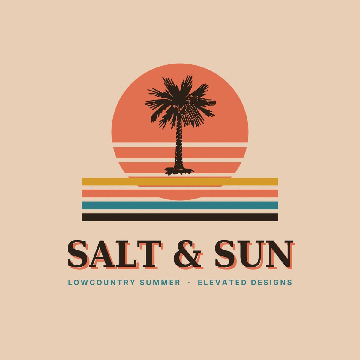 Close-up of the Salt & Sun print: a dark brown palmetto over a coral sun cut with white stripes and bold gold, coral, teal and brown horizon bars.