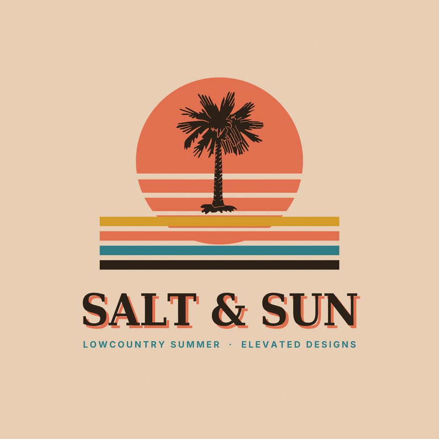 Close-up of the Salt & Sun print: a dark brown palmetto over a coral sun cut with white stripes and bold gold, coral, teal and brown horizon bars.