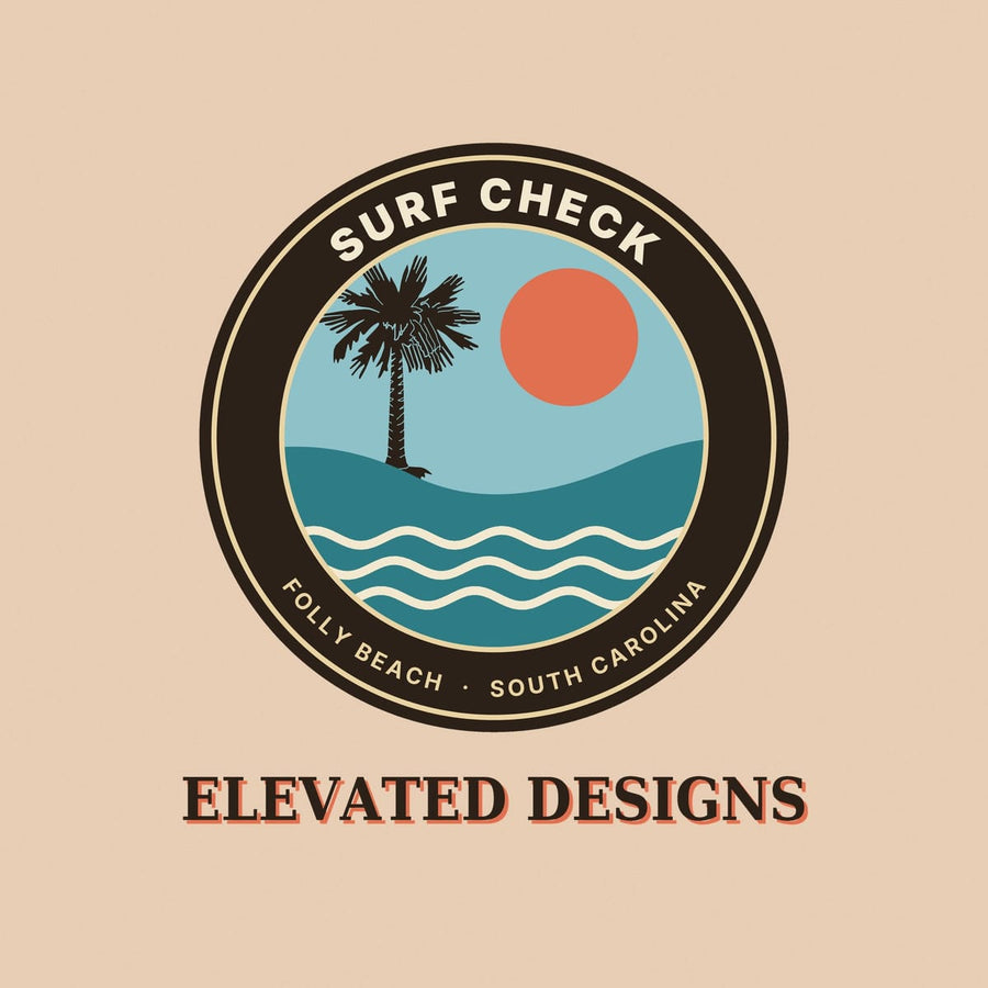 Close-up of the Surf Check print: a dark palmetto on a teal dune, a coral sun on pale blue sky and cream waves inside a thick dark brown ring.