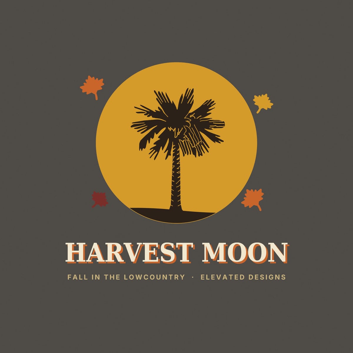 Close-up of the Harvest Moon print: a dark brown palmetto filling a mustard gold circle, with rust, gold and maroon maple leaves around the edges.