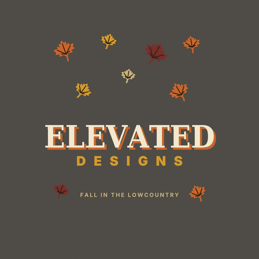 Close-up of the Falling Leaves print: maple leaves with dark veins in rust, gold, maroon and tan scattered around cream lettering with a rust shadow.