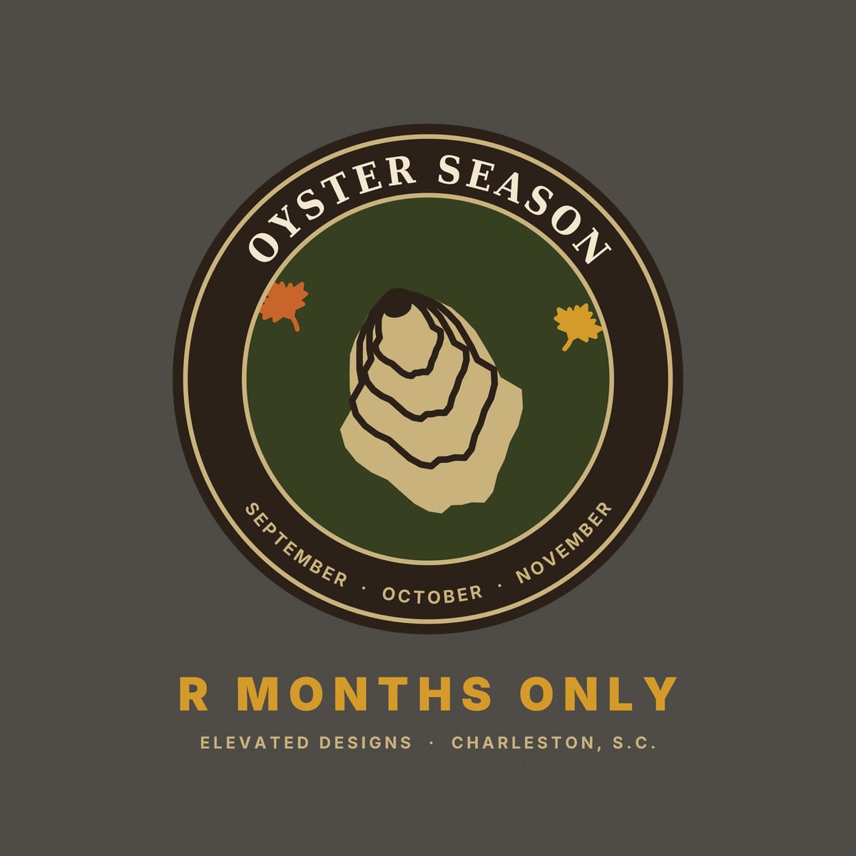 Close-up of the Oyster Season print: a tan oyster shell with dark brown rings on olive green, a rust leaf and a gold leaf inside a dark brown ring.
