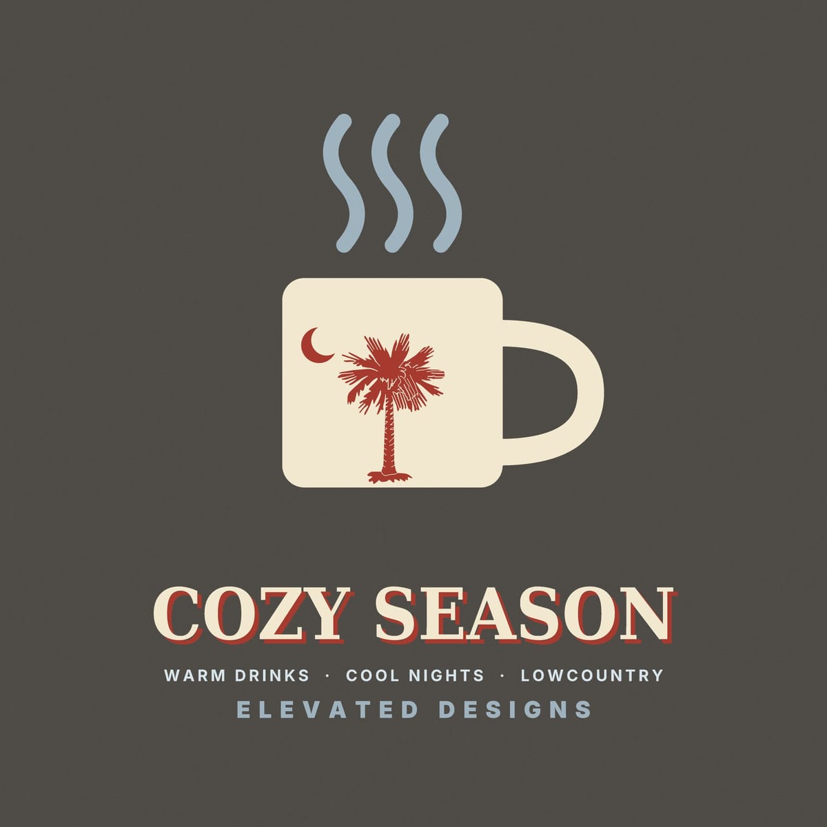 Close-up of the Cozy Season print: a rounded cream mug with a sketchy red palmetto and crescent moon, with three wavy blue-gray steam lines above.