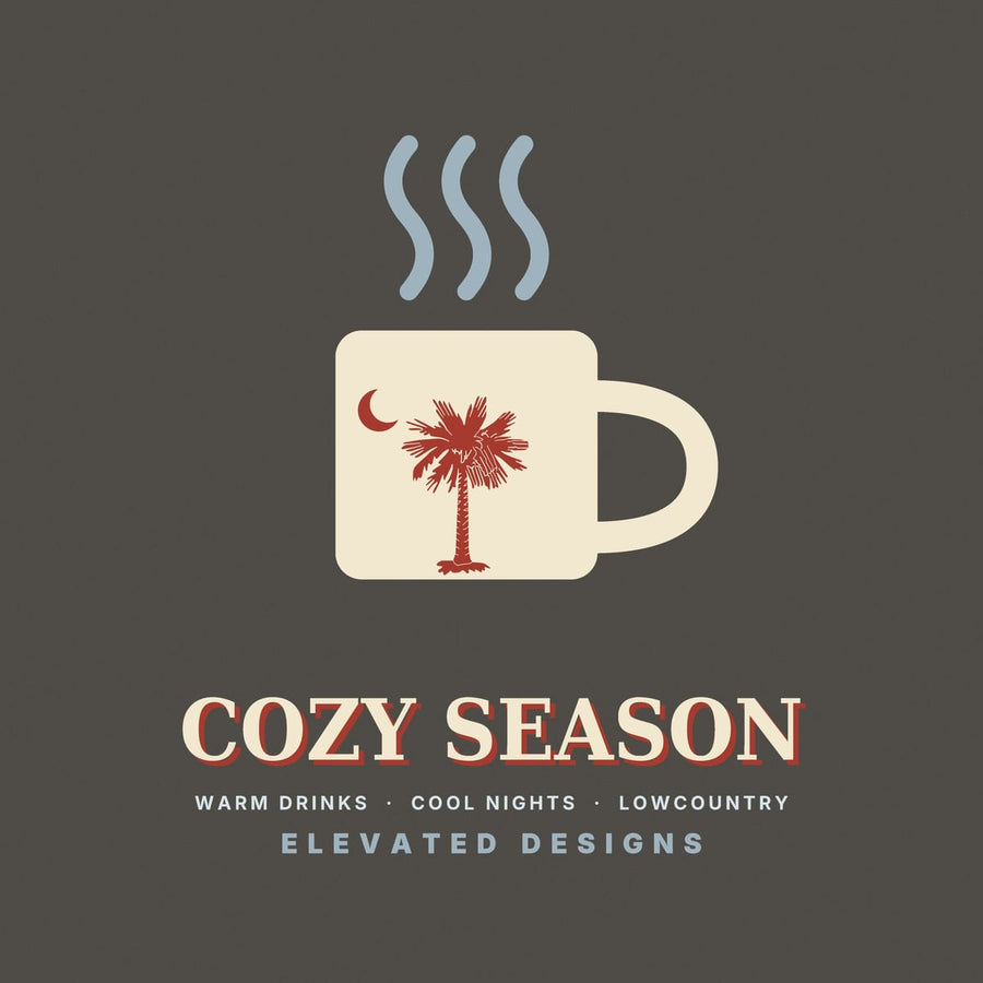 Close-up of the Cozy Season print: a rounded cream mug with a sketchy red palmetto and crescent moon, with three wavy blue-gray steam lines above.