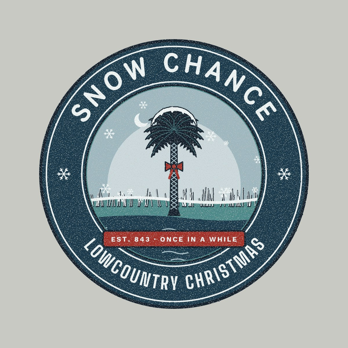 Snow Chance Lowcountry Christmas badge with snow-capped palmetto and red bow