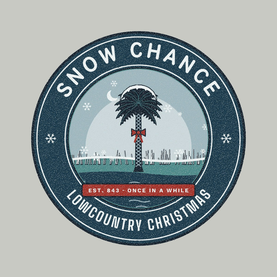 Snow Chance Lowcountry Christmas badge with snow-capped palmetto and red bow
